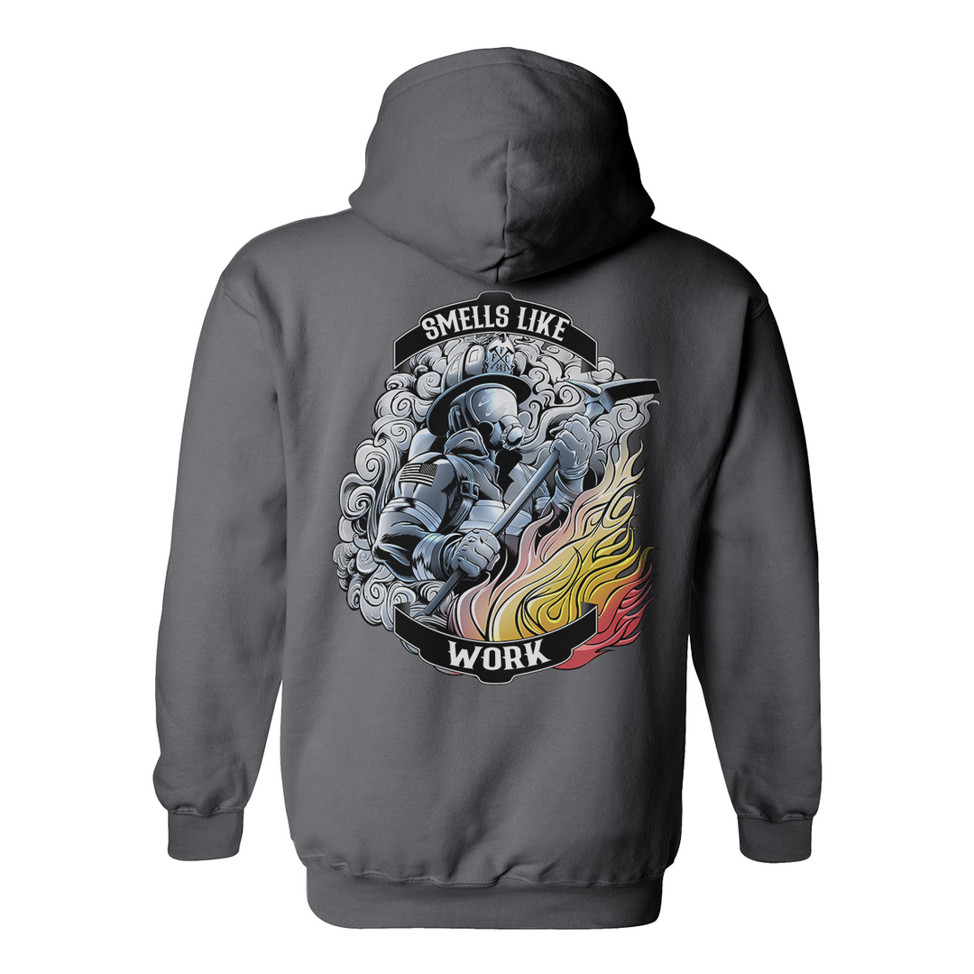 FFC 343 Smells Like Work hoodie, perfect for firefighters, with bold graphic and warm fabric.