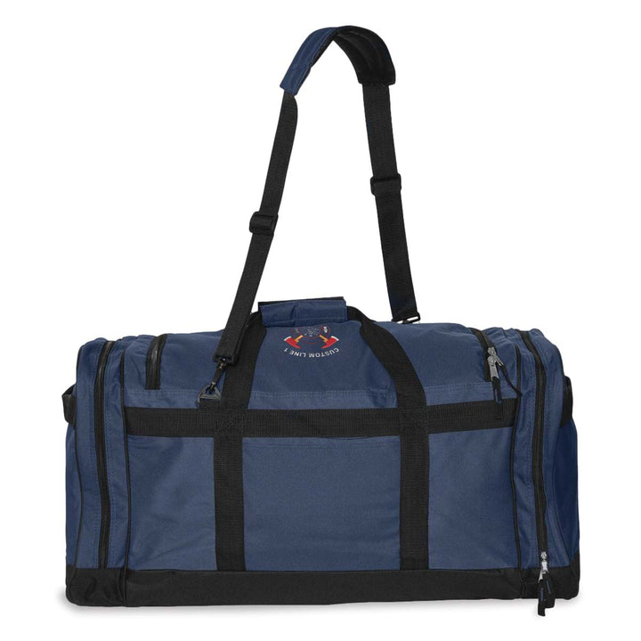 Large zippered pockets on the Crossed Axes duffel bag, perfect for organizing firefighter gear and essentials.