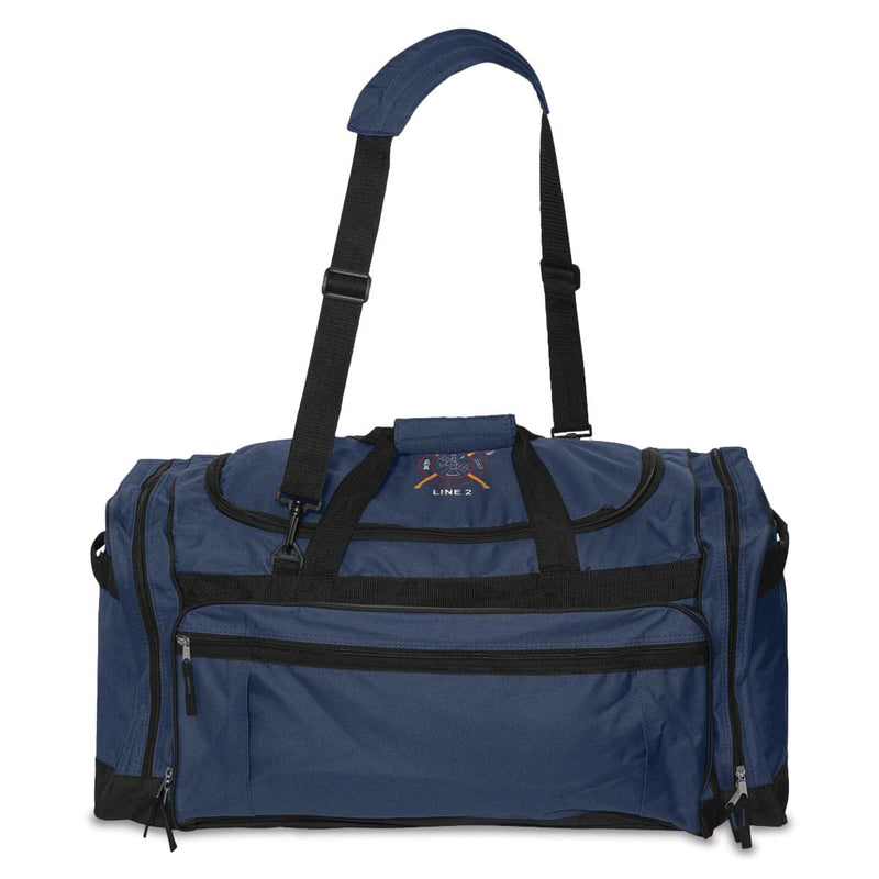 Large zippered pockets on the Crossed Axes duffel bag, perfect for organizing firefighter gear and essentials.