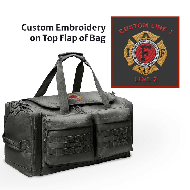 Durable IAFF duffel bag with ventilated shoe compartment and loop panels