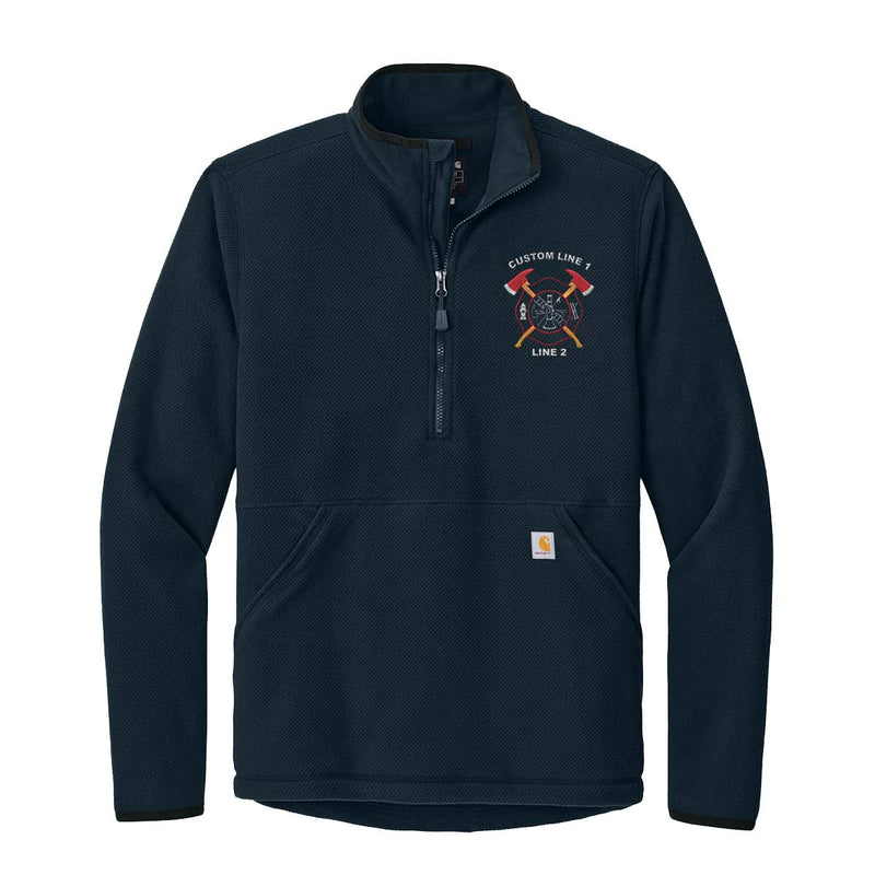 Custom Carhartt 1/2-zip fleece jacket for firefighters featuring the Crossed Axes Maltese emblem and two customizable text lines.