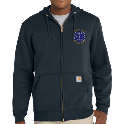 Hoodie with triple-stitched seams and custom lines for personalization, ideal for showcasing your name or department.