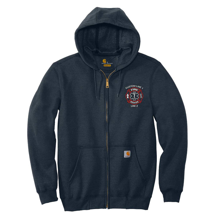 Custom Carhartt midweight zip-up hoodie featuring Fire Rescue embroidery, designed specifically for firefighters.