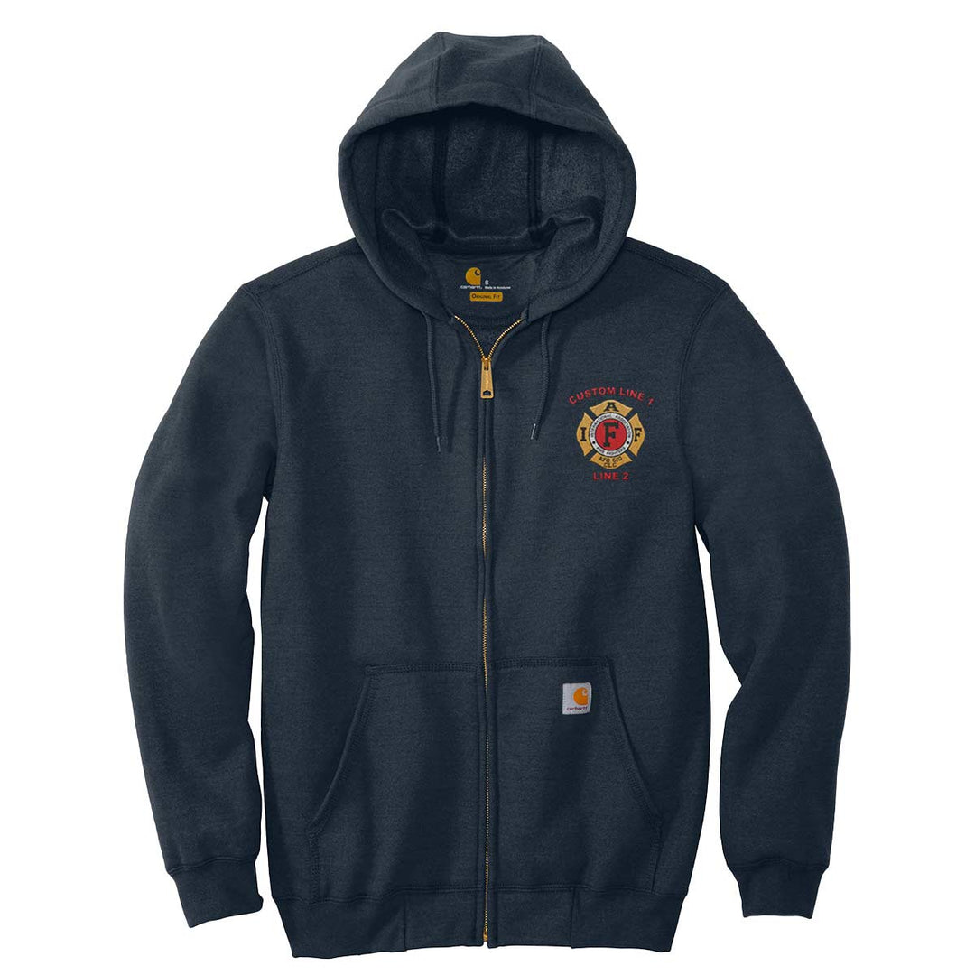 Custom Carhartt midweight zip-up hoodie featuring IAFF embroidered emblem, designed for firefighters and first responders.