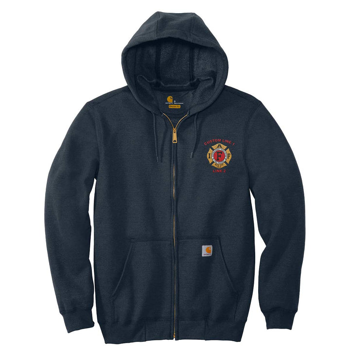 Custom Carhartt midweight zip-up hoodie featuring IAFF embroidered emblem, designed for firefighters and first responders.