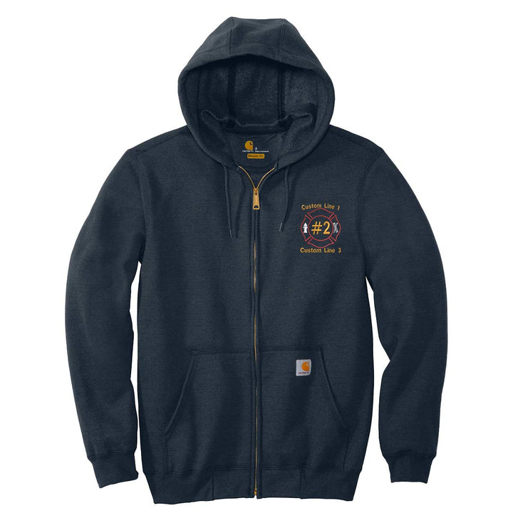 Custom Carhartt midweight zip-up hoodie featuring Maltese cross embroidery, designed for firefighters and first responders.