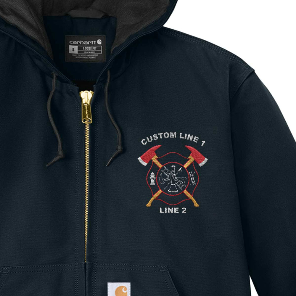 Firefighter jacket with Crossed Axes emblem, heavyweight duck canvas exterior, and Wind Fighter technology for tough weather.