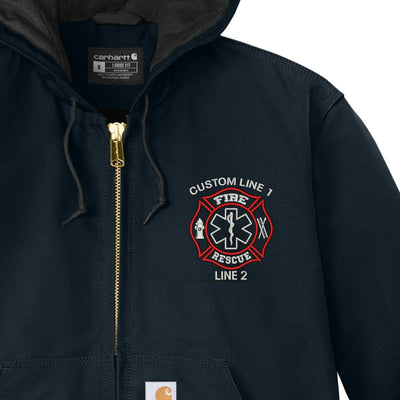 Firefighter jacket with Fire Rescue emblem, heavyweight duck canvas, and Wind Fighter technology for superior weather resistance.