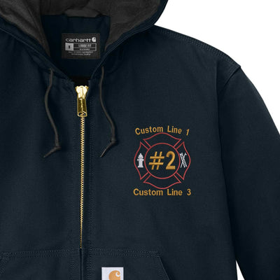 Firefighter jacket with Maltese cross emblem, heavyweight duck canvas, and Wind Fighter technology to block harsh weather.