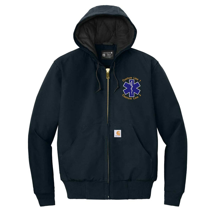 Custom Carhartt quilted-flannel jacket for EMTs and paramedics featuring Star of Life embroidery, built for warmth and durability.