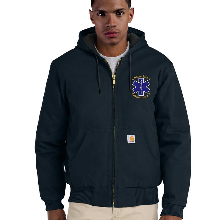 Durable Carhartt jacket for emergency medical personnel with Star of Life embroidery, designed to keep out the cold and wind.