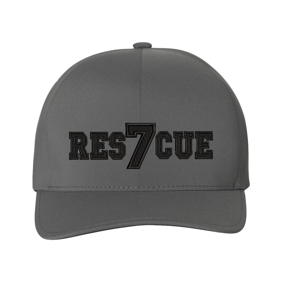 Personalized black Delta FlexFit blackout firefighter hat with Rescue embroidery