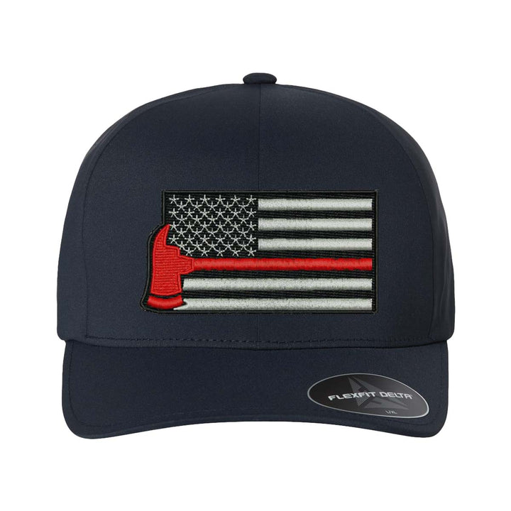 Navy Delta FlexFit cap with curved visor and Thin Red Line axe embroidery