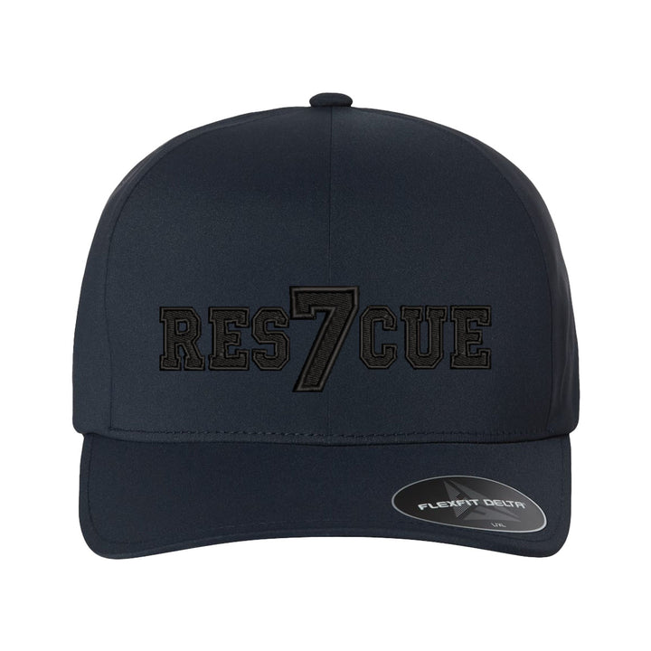 FlexFit hat featuring personalized Rescue text in blackout style