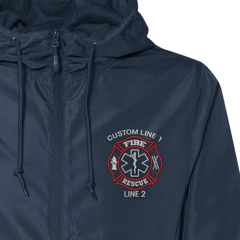 Custom fire rescue windbreaker with Fire Rescue emblem, water-resistant fabric, and adjustable hood for superior functionality.