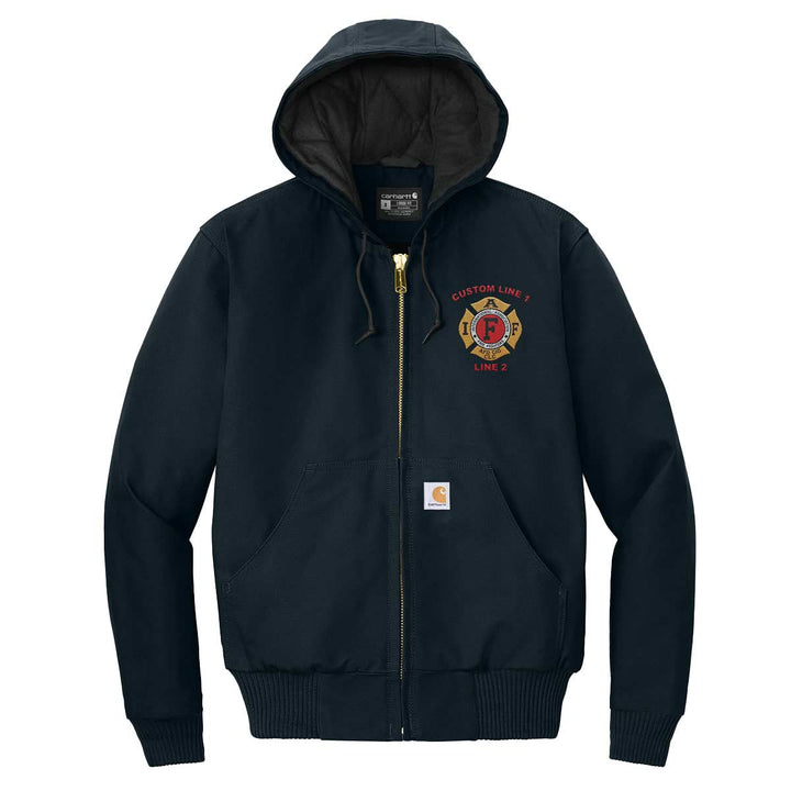 Custom Carhartt quilted-flannel jacket featuring IAFF embroidery, offering firefighters warmth and durability on the job.