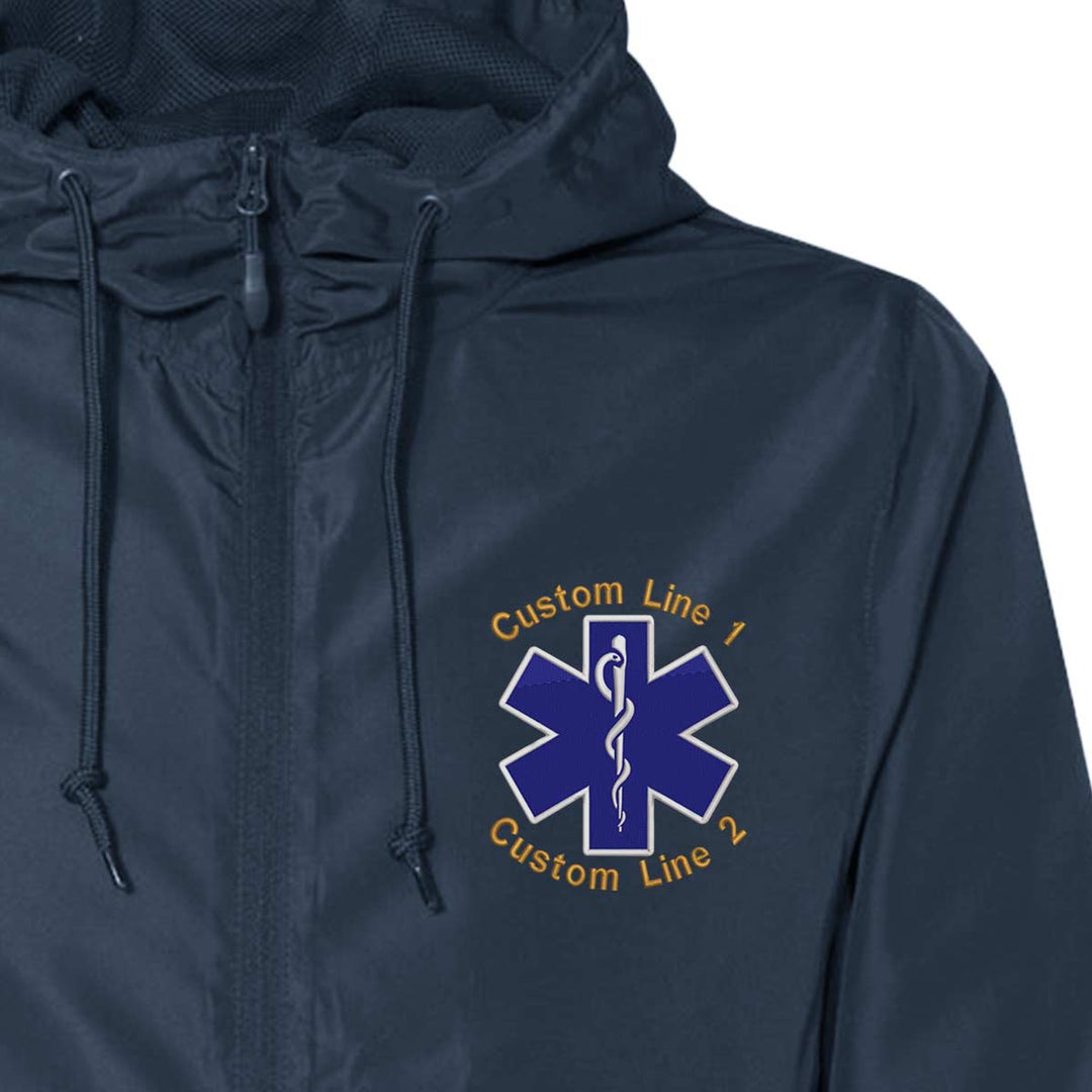 Custom EMS windbreaker with Star of Life emblem, water-resistant polyester, and adjustable hood for a secure fit.
