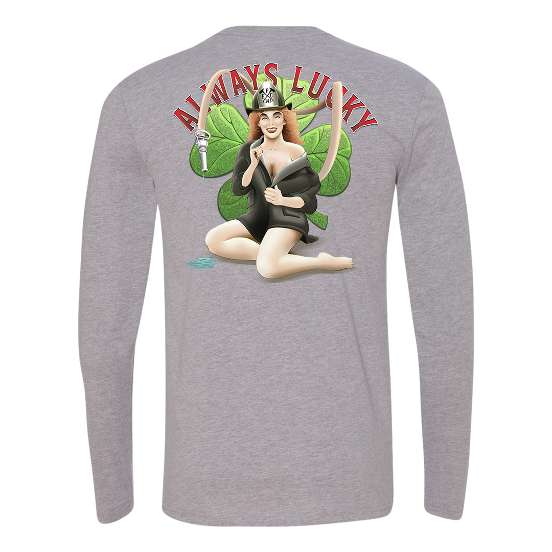 always Lucky firefighter long sleeve t-shirt with St. Patrick's Day lucky theme