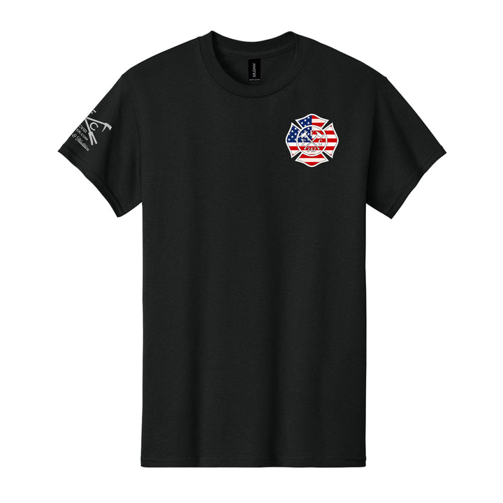 FFC 343 American Brotherhood firefighter T-shirt with Maltese Cross and American Flag design #color_black
