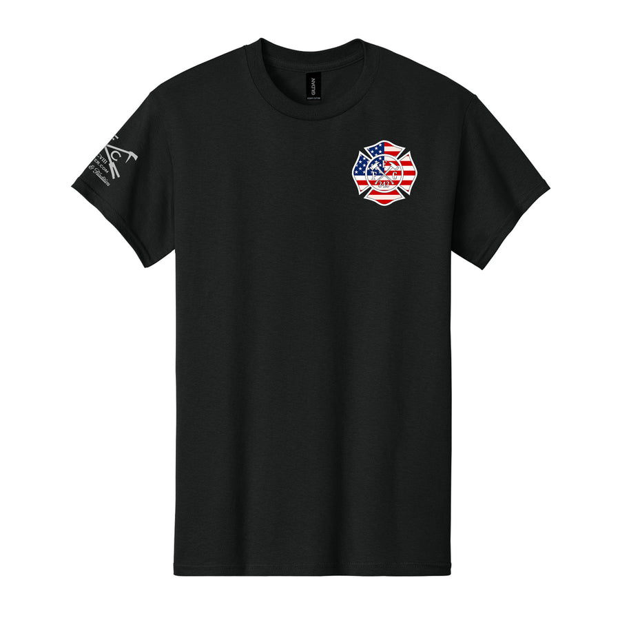 FFC 343 American Brotherhood firefighter T-shirt with Maltese Cross and American Flag design #color_black