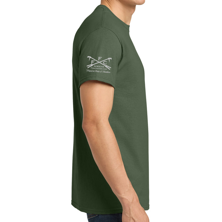 Military green FFC 343 firefighter T-shirt with Maltese Cross and American Brotherhood graphic #color_military-green