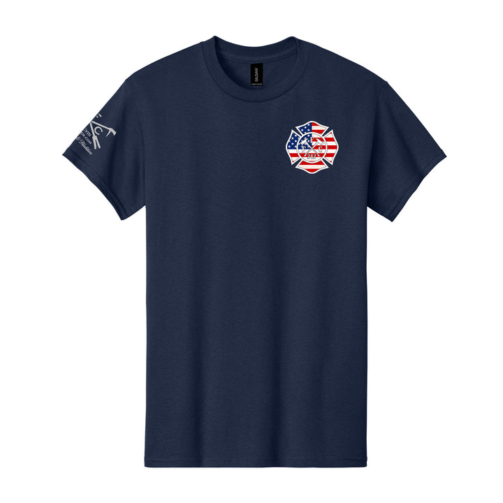 FFC 343 American Brotherhood firefighter T-shirt with Maltese Cross and American Flag design #color_navy