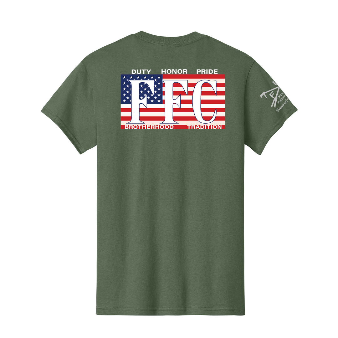 FFC 343 American Brotherhood firefighter T-shirt with Maltese Cross and American Flag design #color_military-green