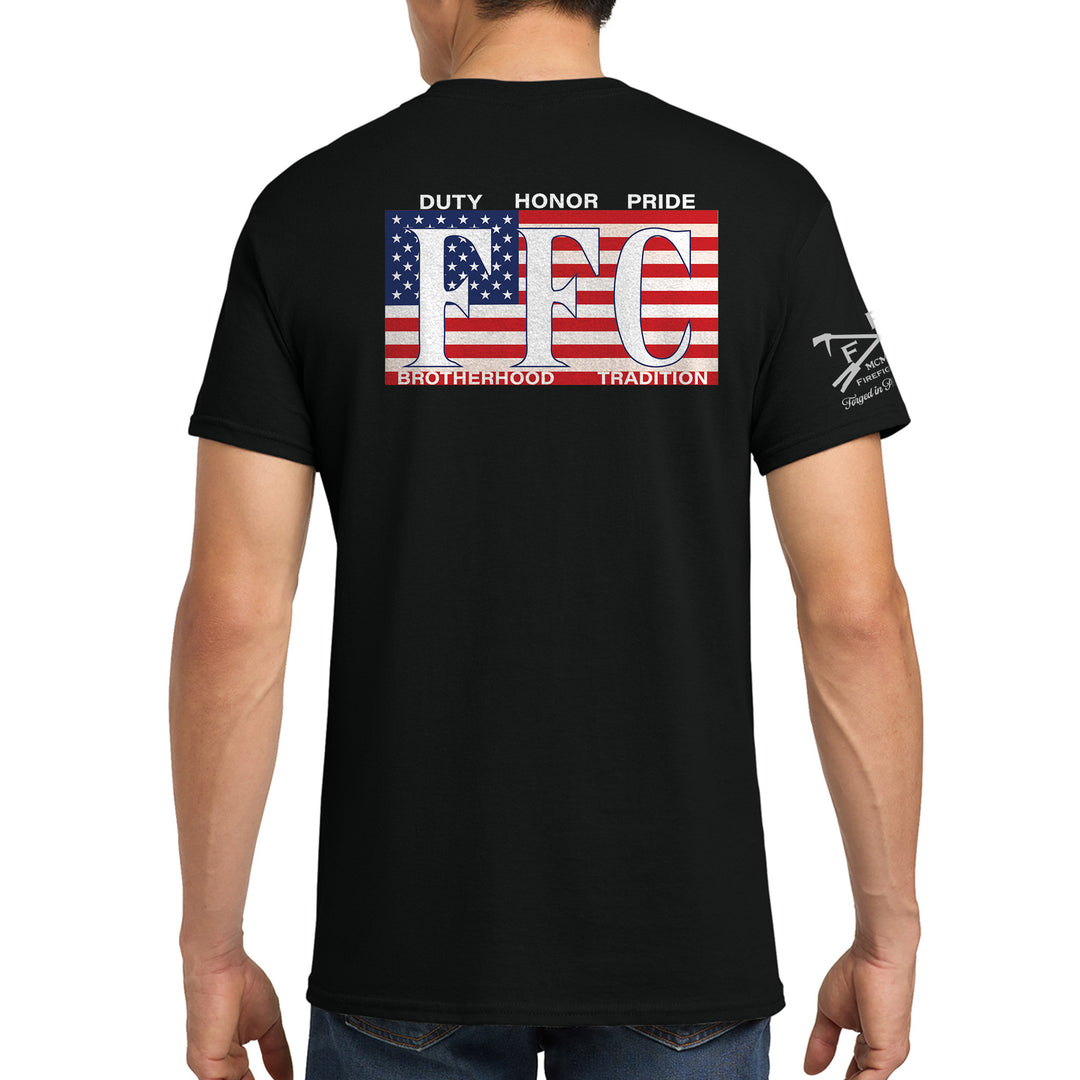 FFC 343 firefighter shirt with American Flag and Brotherhood design in black #color_black