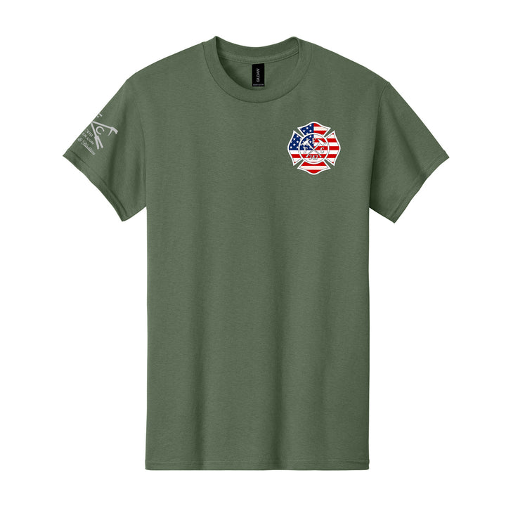 American Brotherhood firefighter T-shirt featuring Maltese Cross and American Flag #color_military-green
