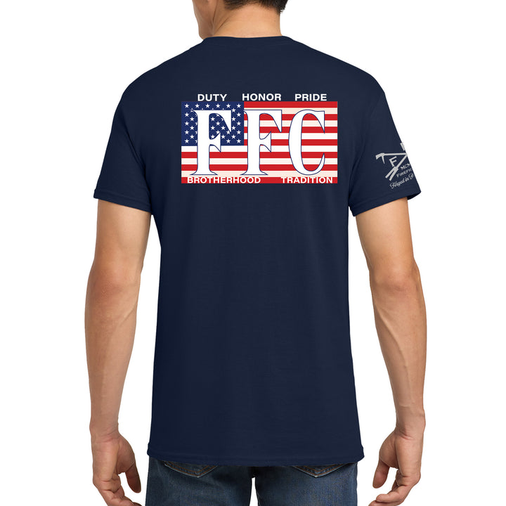 FFC 343 firefighter shirt with American Flag and Brotherhood design in navy #color_navy