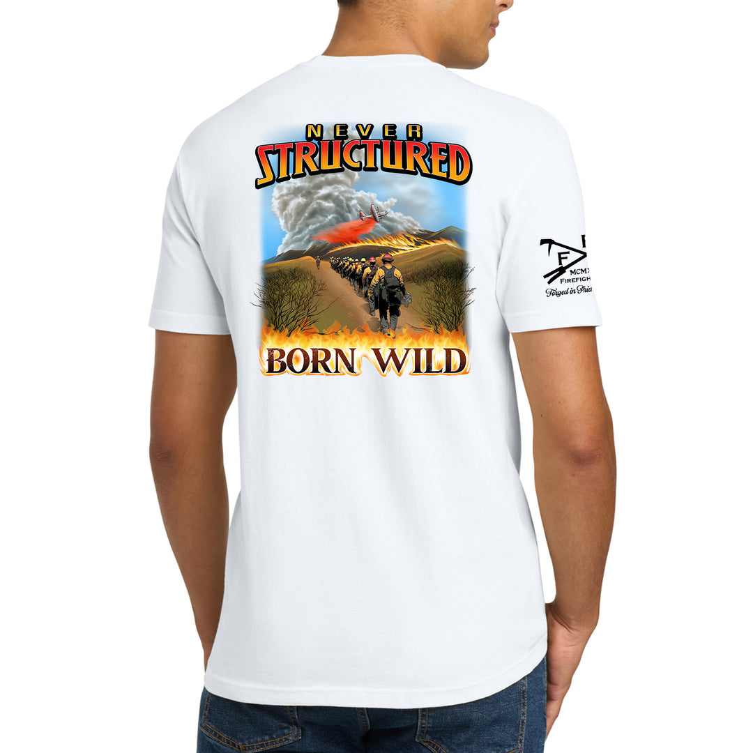 FFC 343 Born Wild premium white T-shirt back graphic highlighting the detailed artwork and lettering.