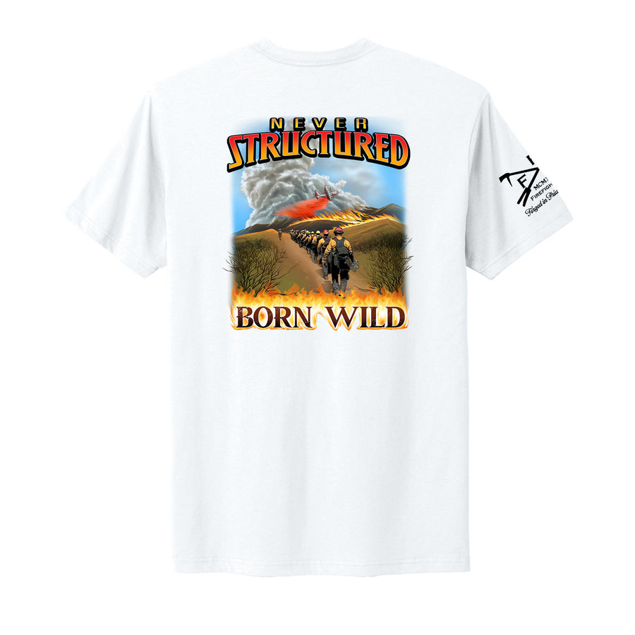 White FFC 343 Born Wild premium T-shirt front view featuring a firefighter-inspired Born Wild graphic.