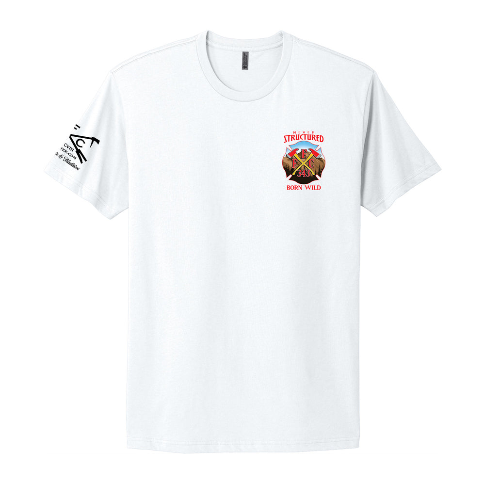 FFC 343 Born Wild premium white firefighter T-shirt featuring the Born Wild design, ideal for firefighters and supporters.