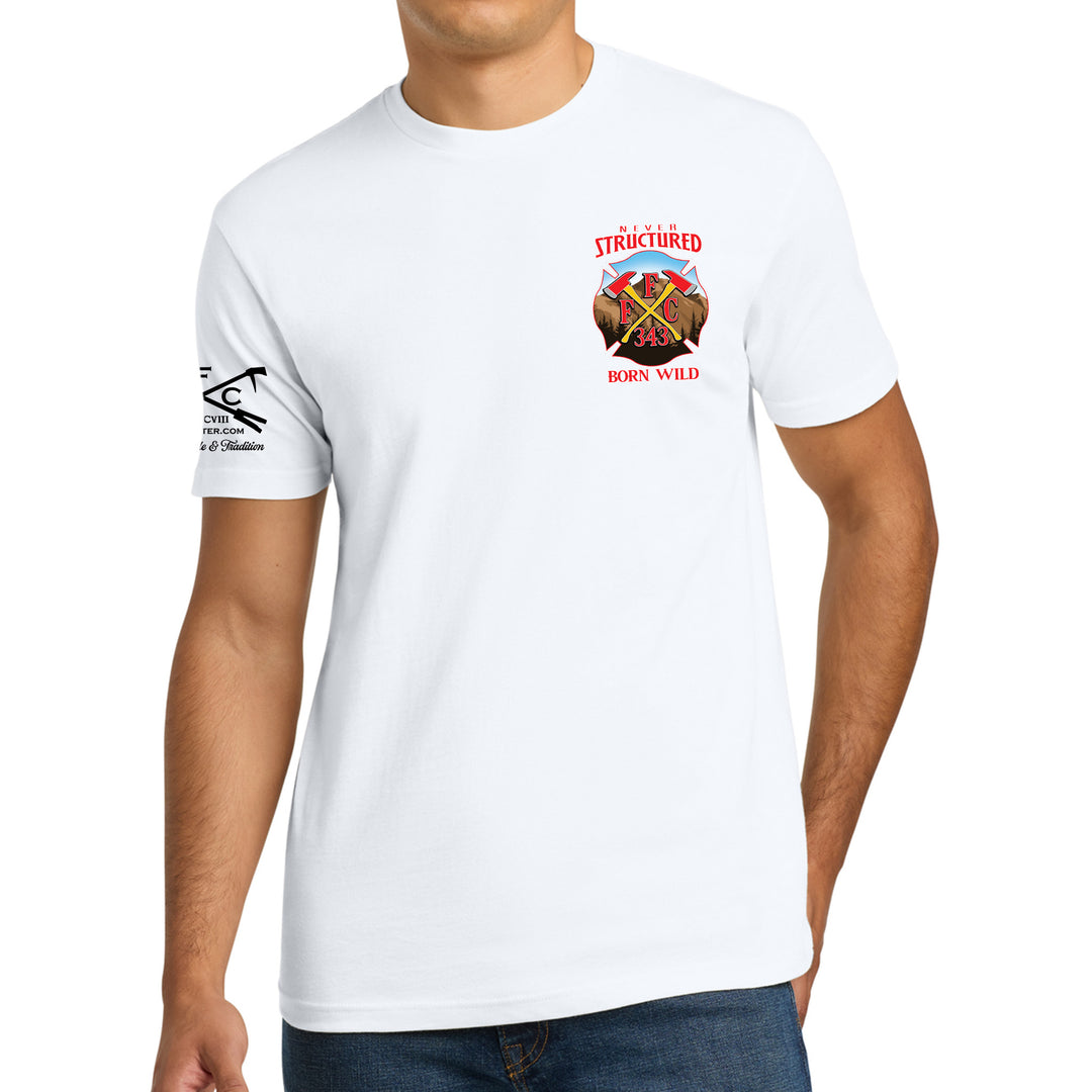 FFC 343 Born Wild premium white T-shirt front graphic featuring a bold firefighter-inspired design.