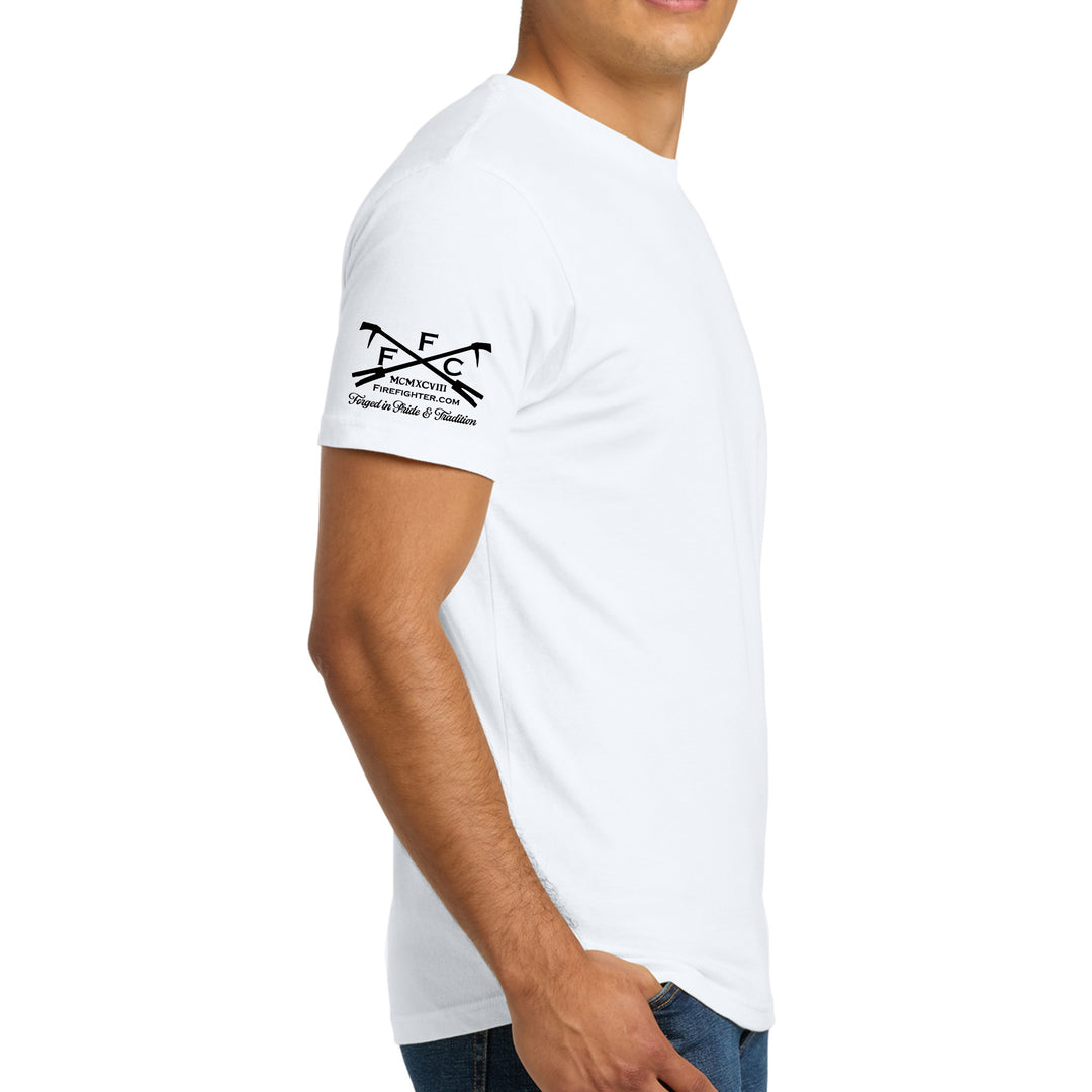 FFC 343 Born Wild premium white firefighter T-shirt featuring the Born Wild design, ideal for firefighters and supporters.