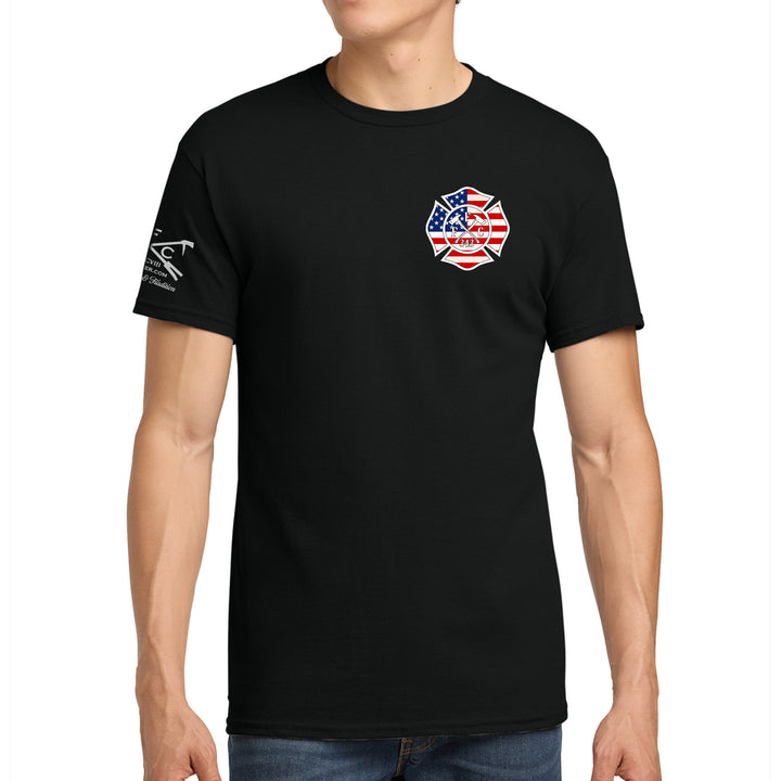 American Brotherhood firefighter T-shirt featuring Maltese Cross and American Flag #color_black