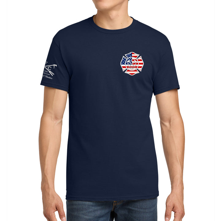 American Brotherhood firefighter T-shirt featuring Maltese Cross and American Flag #color_navy