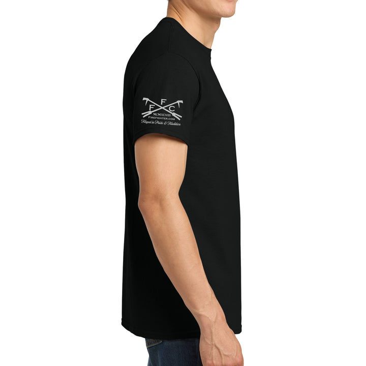 Black FFC 343 firefighter T-shirt with Maltese Cross and American Brotherhood graphic #color_black