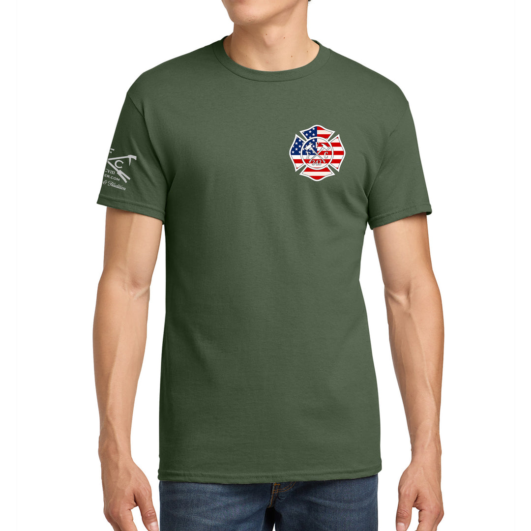 FFC 343 firefighter shirt with American Flag and Brotherhood design in military green #color_military-green