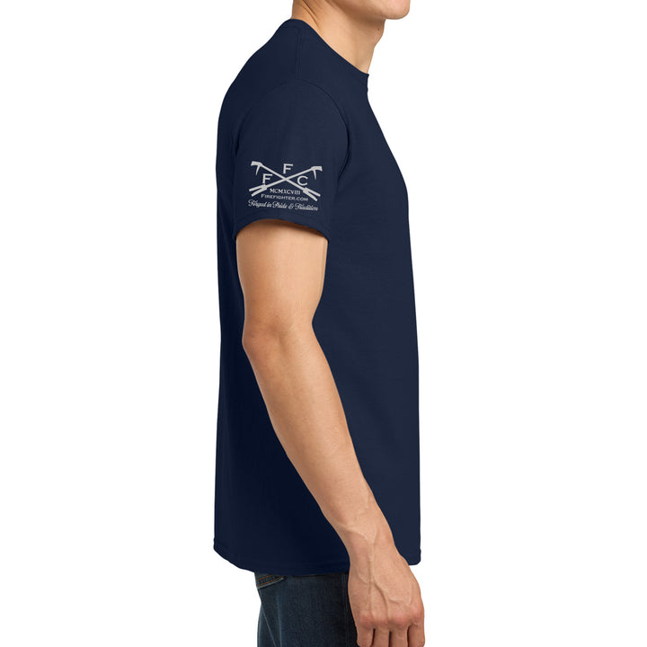 Navy FFC 343 firefighter T-shirt with Maltese Cross and American Brotherhood graphic #color_navy