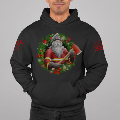 Firefighter holiday hoodie with a festive wreath design