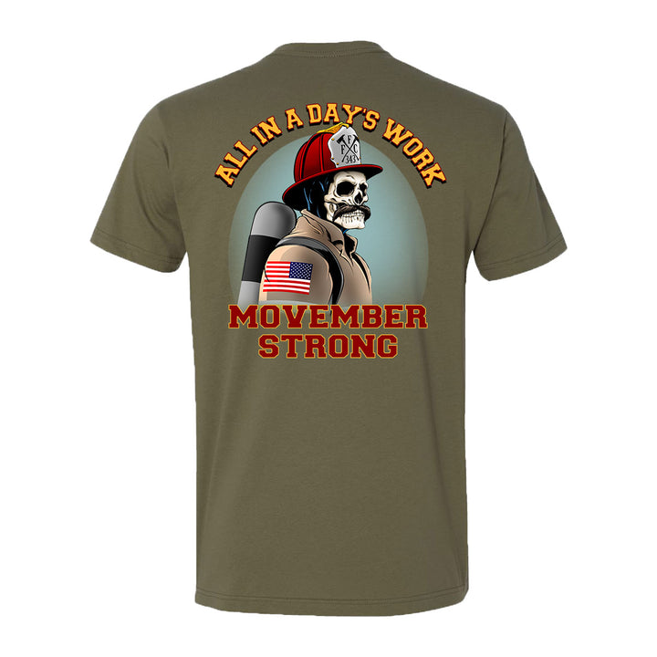 Back view of the t-shirt displaying "MOVEMBER STRONG."