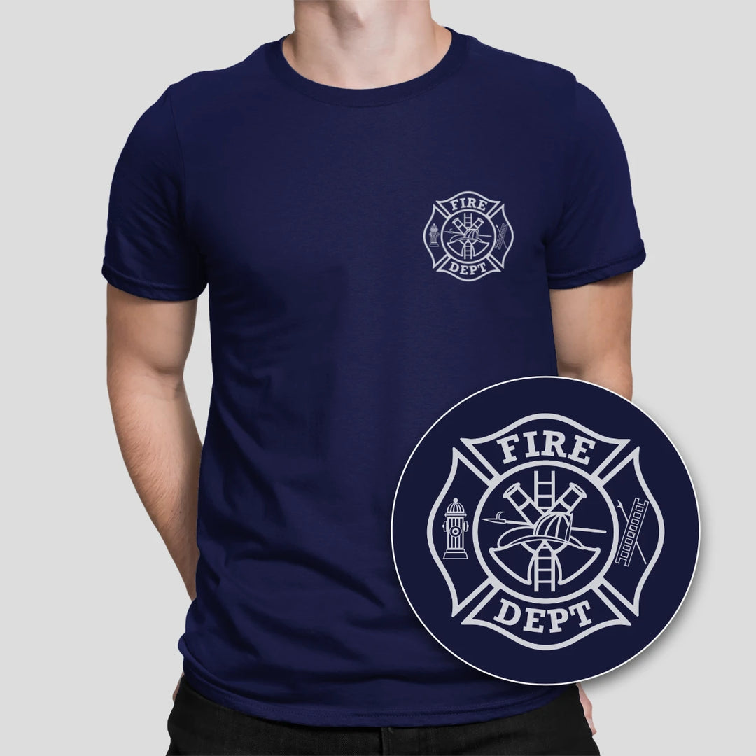 Front view of Fire Dept Navy Duty Shirt with fire department emblem