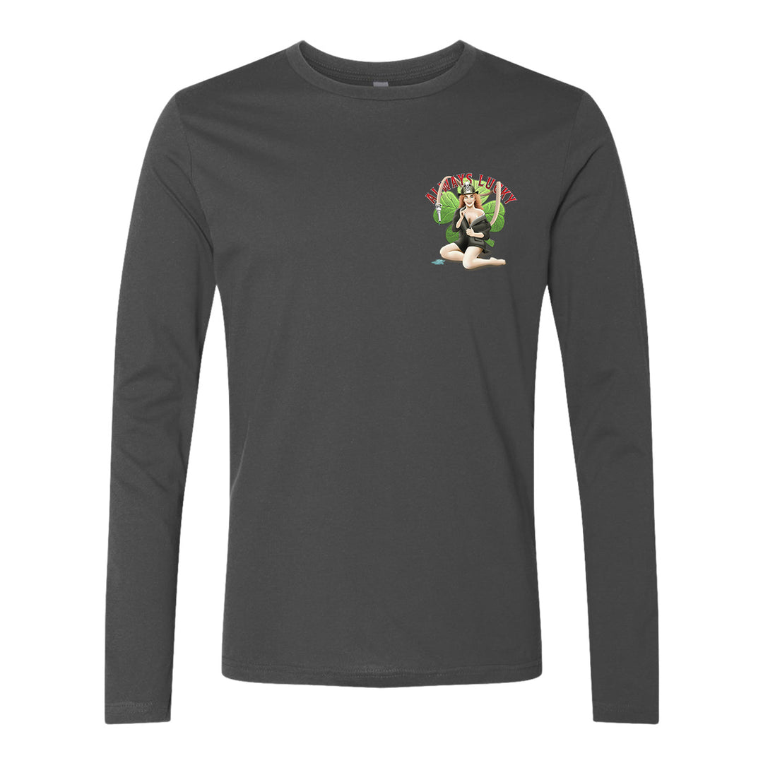 Firefighter Always Lucky long sleeve t-shirt with bold graphics and firefighter pride