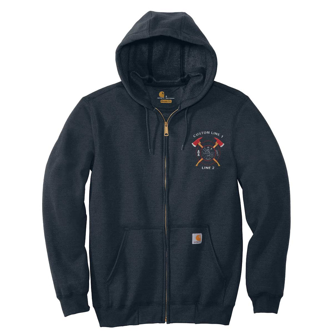 Custom Carhartt hoodie for firefighters featuring the Crossed Axes Maltese emblem and two customizable text lines.