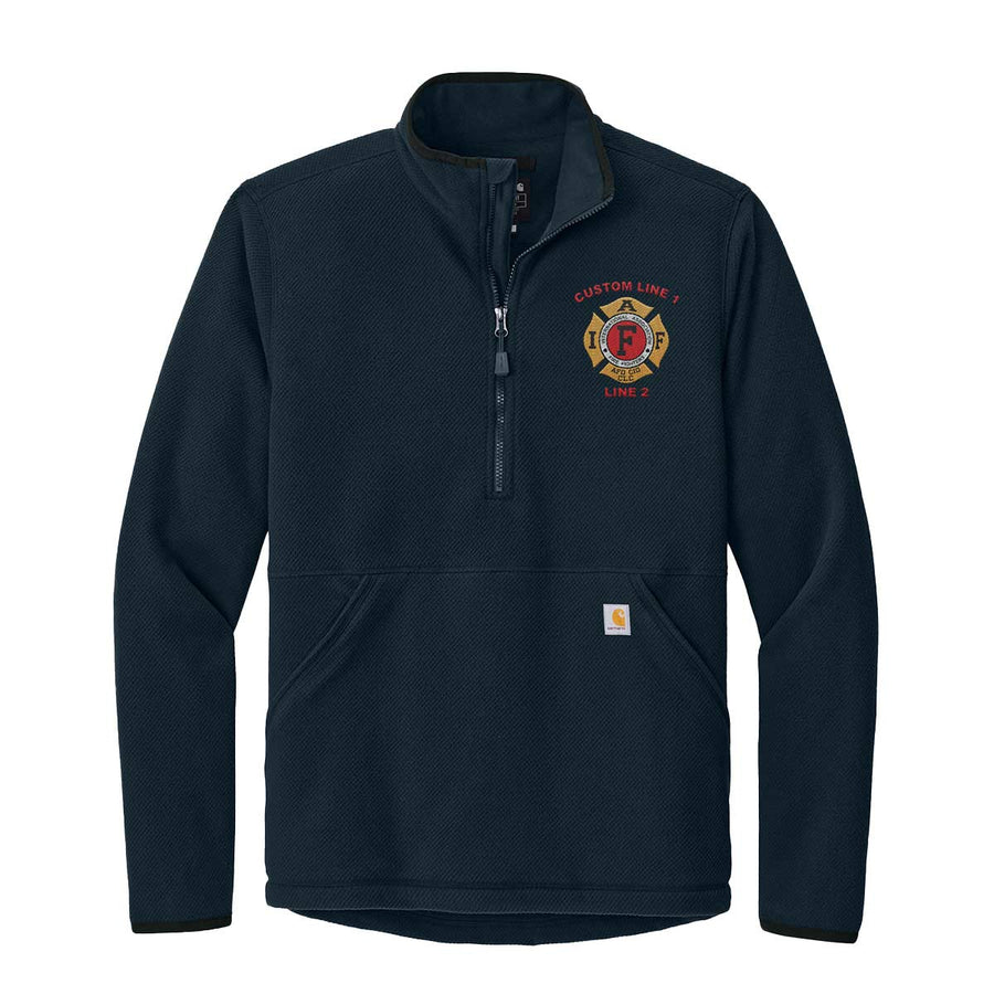 Custom Carhartt 1/2-zip fleece jacket for firefighters featuring IAFF embroidered emblem and two customizable text lines.