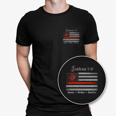 Front view of Firefighter Joshua 1:9 T-Shirt with bold firefighter design