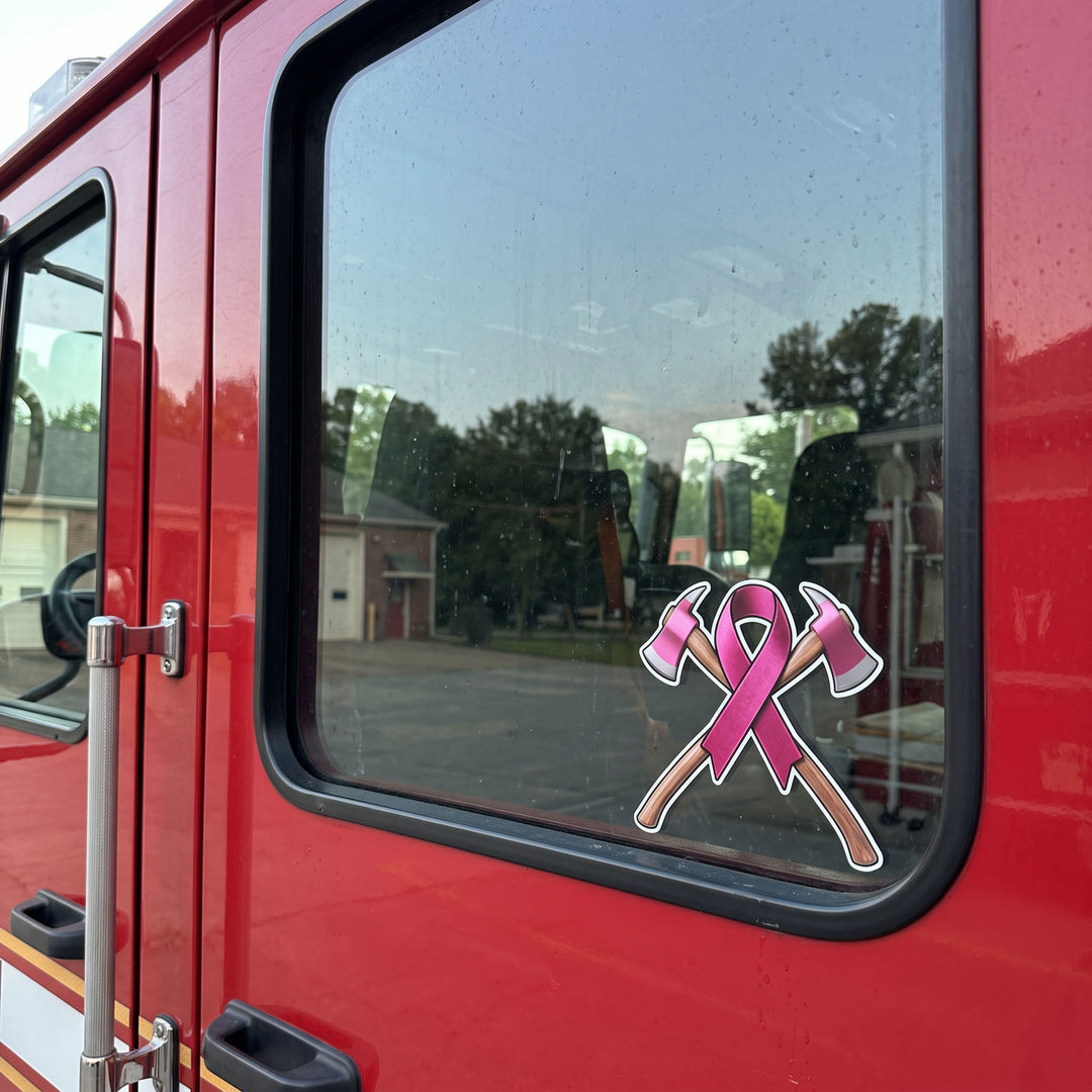 Firefighter Dual Axe Breast Cancer Awareness Decal featuring a pink ribbon design to support breast cancer awareness.