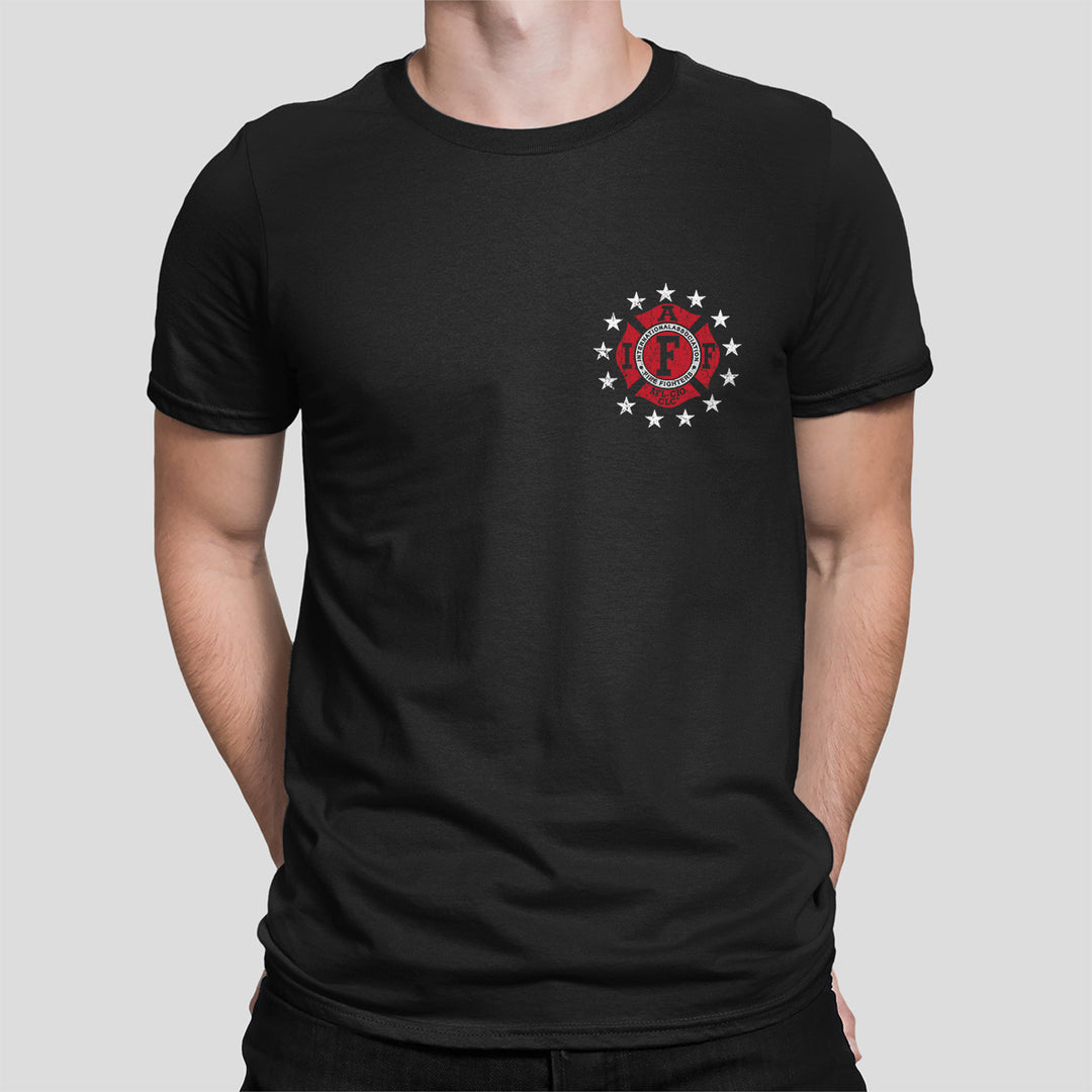 Firefighter t-shirt with IAFF logo and Thin Red Line flag