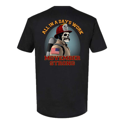 Men's firefighter t-shirt featuring a skull-faced firefighter graphic for Movember